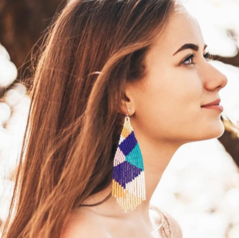 Long 5.5" Multicolor Abstract Color Block Earrings Beaded Oversized Bohemian New